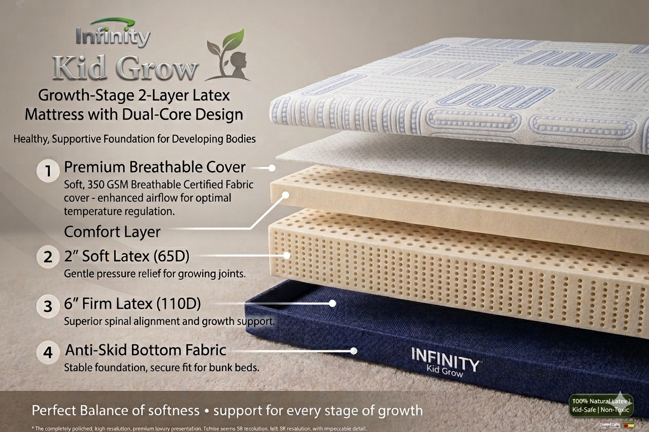 Infinity Kid Grow latex mattress layers with 2 inch soft latex and 6 inch firm latex for kids spinal support