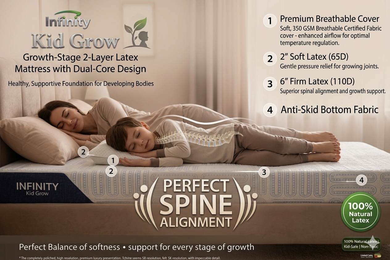 Infinity Kid Grow natural latex kids mattress with perfect spine alignment and breathable orthopedic support