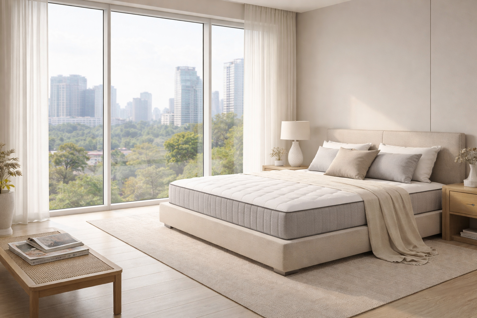 Luxury bedroom in Hyderabad high-rise with natural latex mattress designed for night shift sleep comfort