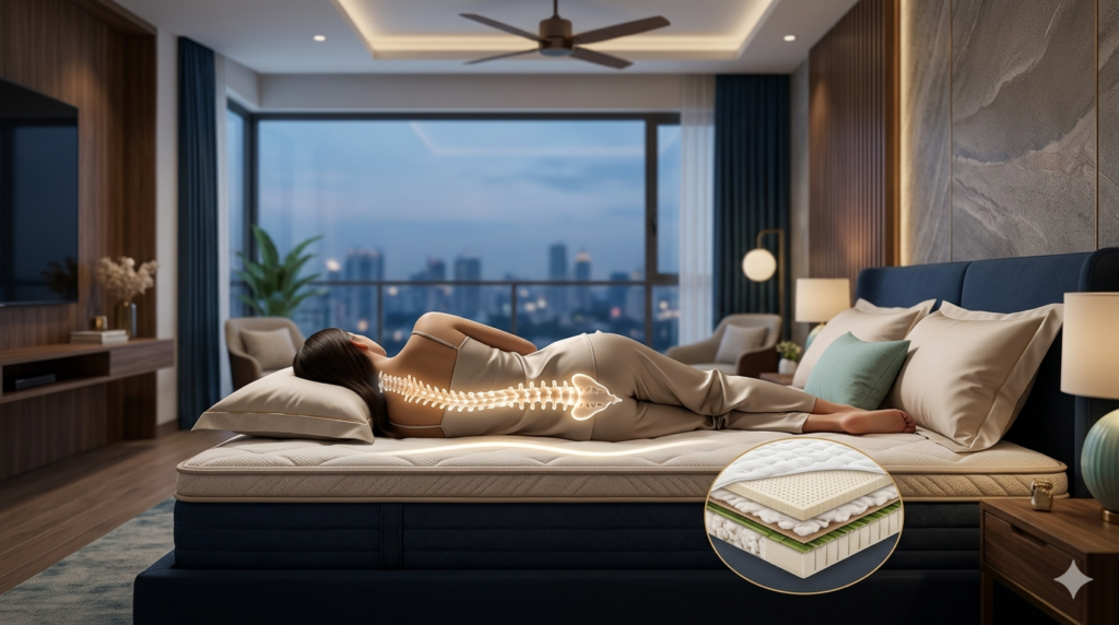 A photorealistic bedroom scene showing a person with proper spinal alignment while sleeping on their side on an Infinity Mattress natural latex mattress, with a detailed structural cutaway inset.