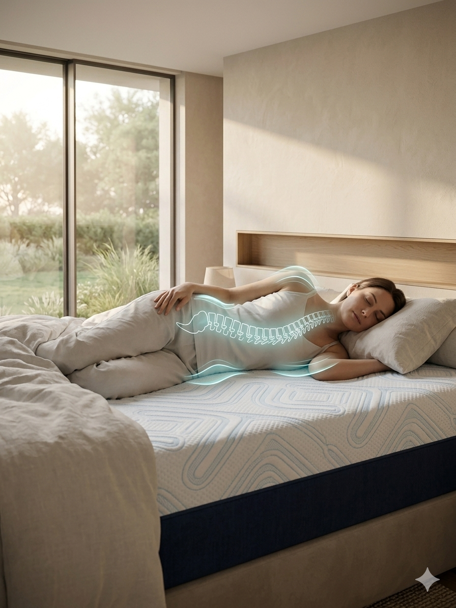 Person sleeping on Infinity Orthozone natural latex mattress with orthopedic spinal alignment support visualization