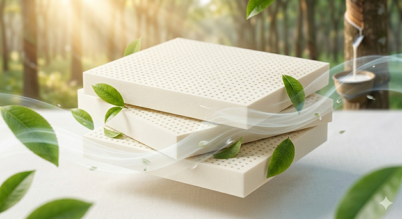 Natural latex foam with greenery and fresh air atmosphere representing eco-friendly orthopedic mattress comfort