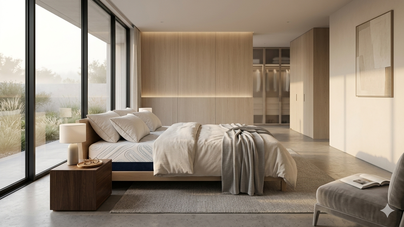 Luxury natural latex mattress in a premium modern bedroom with soft daylight, orthopedic comfort, and Scandinavian wellness interior design
