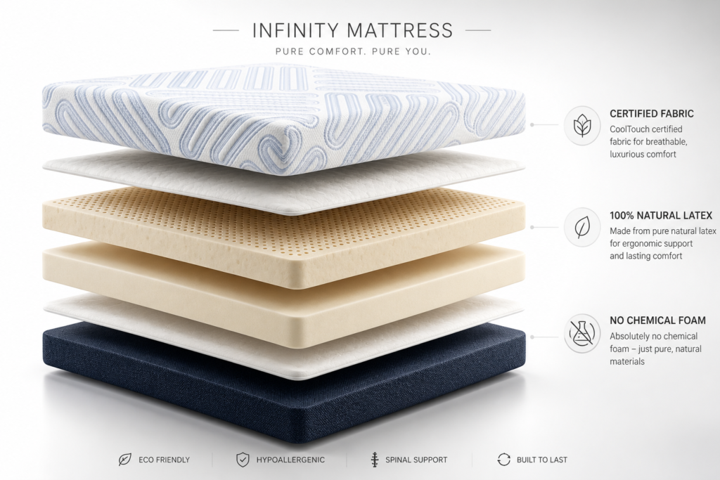 100% natural latex mattress layered design with no chemical foam and certified fabric for orthopedic comfort