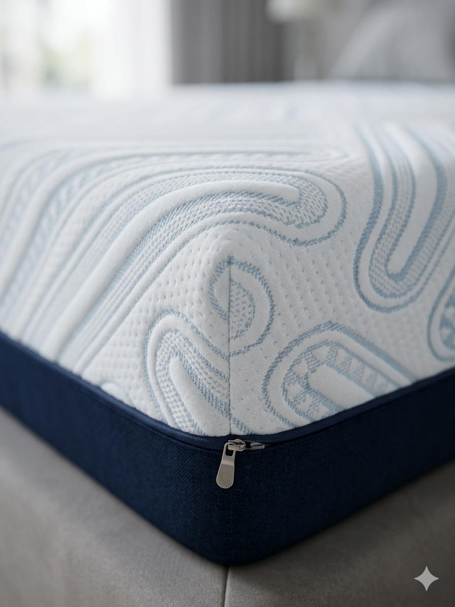 Close-up view of premium quilted mattress fabric with luxury stitching and breathable certified textile design