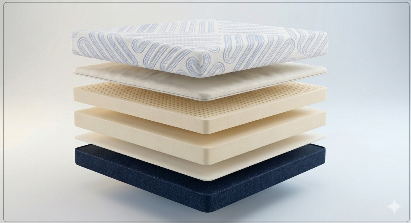 Exploded layer view of premium natural latex orthopedic mattress with breathable comfort layers and luxury quilted fabric
